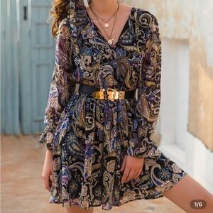 Multicolor Paisley Long Sleeve Dress